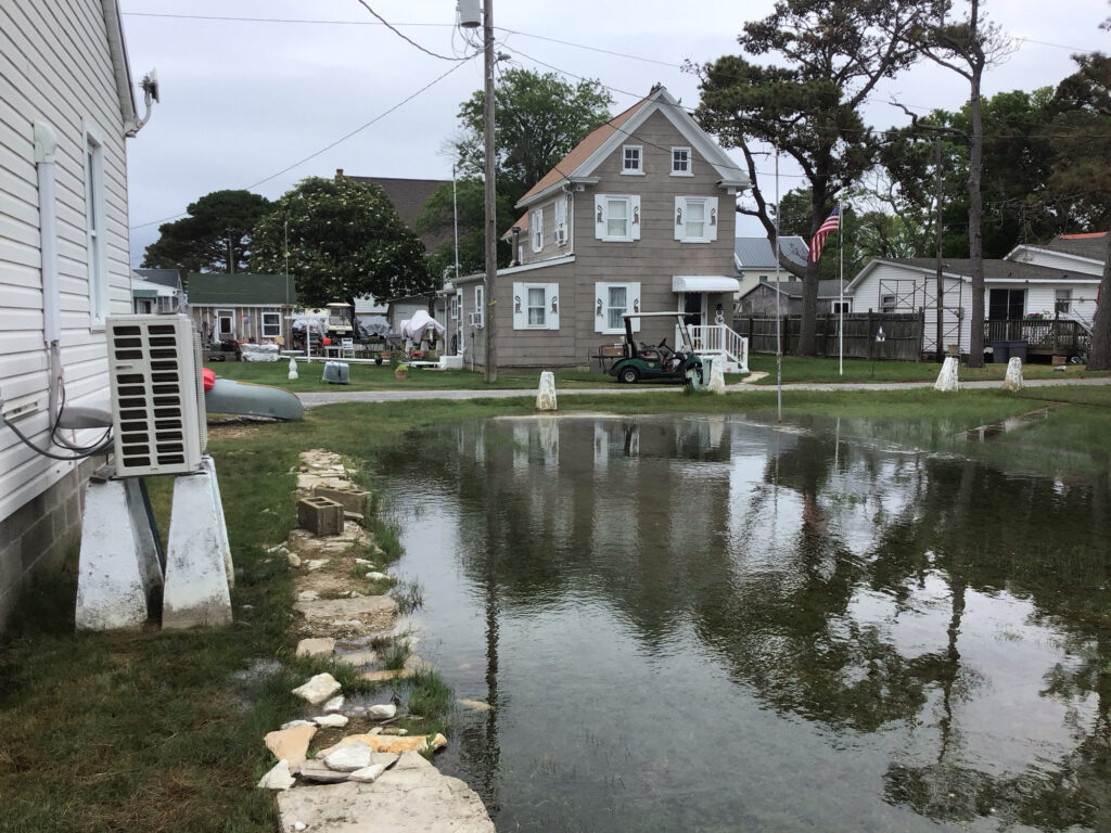 a flooded street with houses and trees (MyCoast AI)