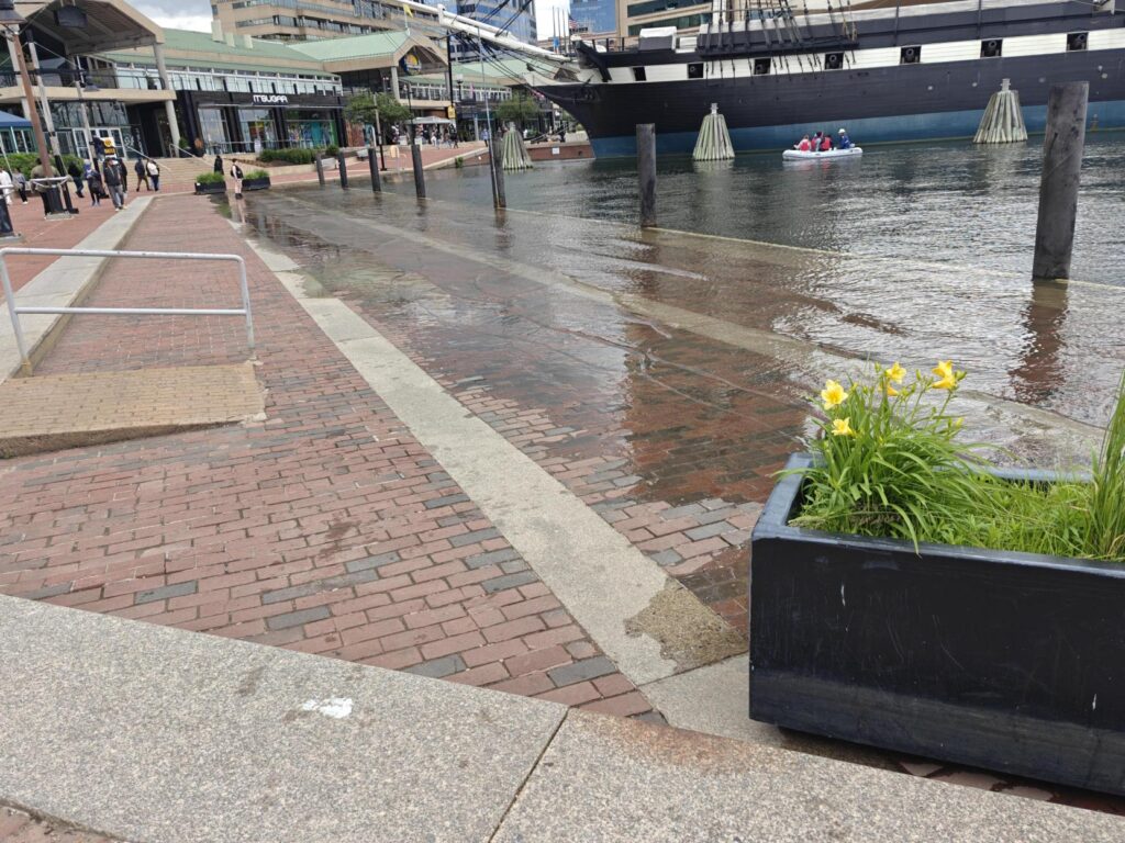 a brick walkway with a boat in the water (MyCoast AI)