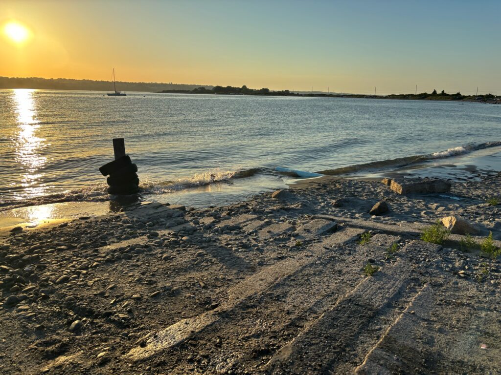 a sandy beach with a body of water and a boat in the distance (MyCoast AI)