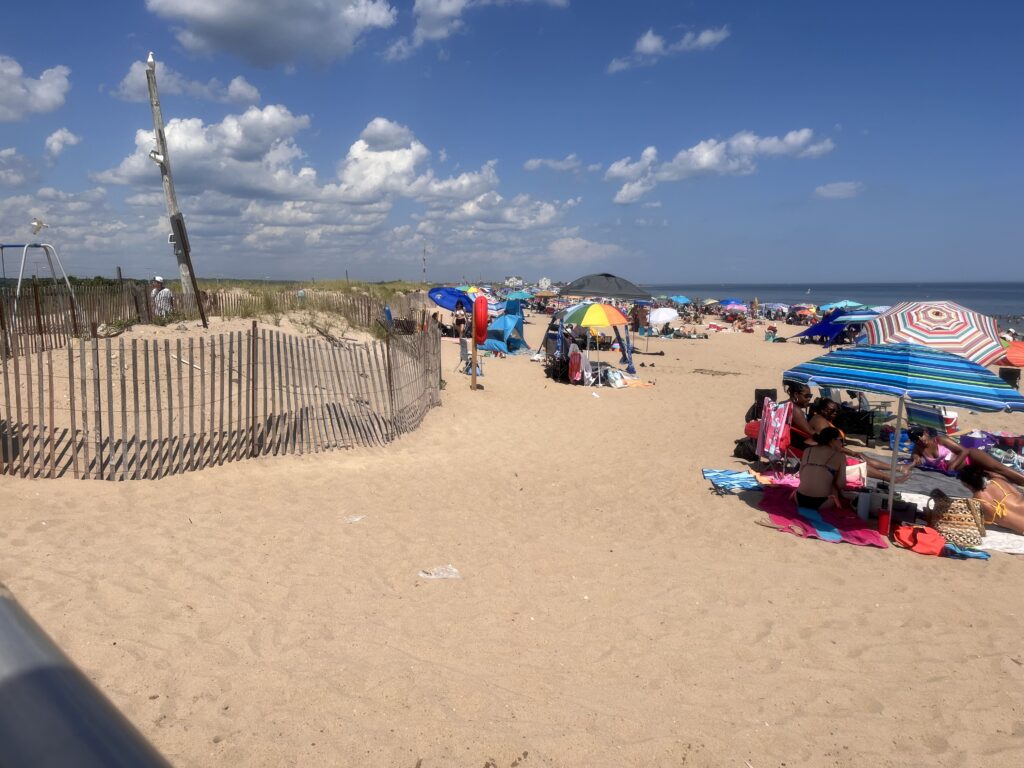 a beach with many people and umbrellas (MyCoast AI)