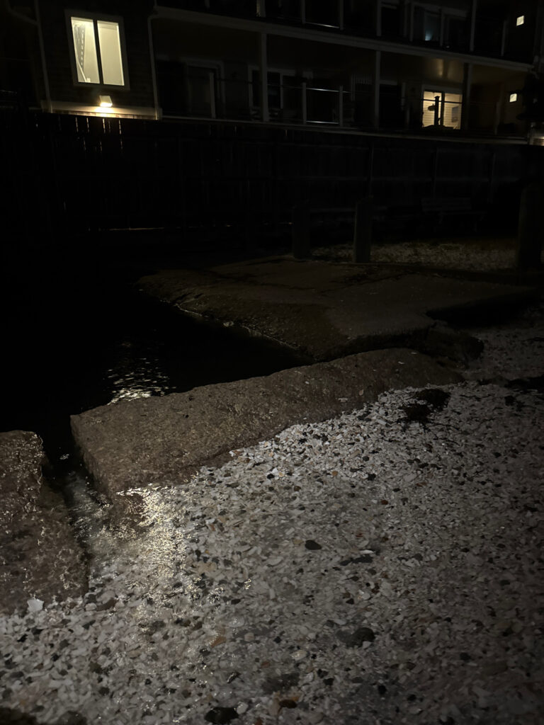 a frozen pond in front of a building at night (MyCoast AI)