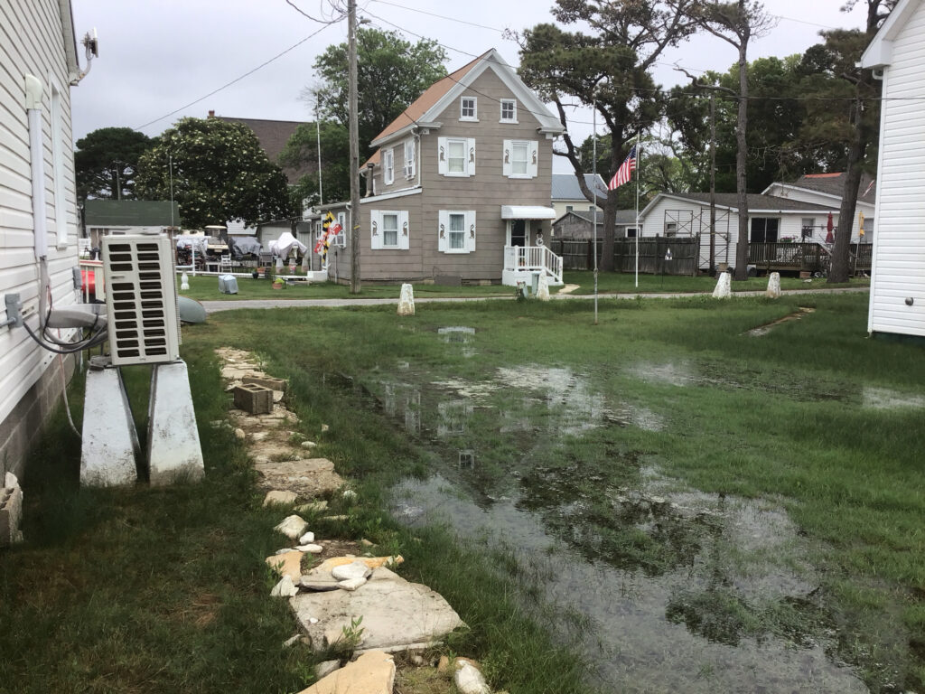 a flooded street with houses and trees (MyCoast AI)