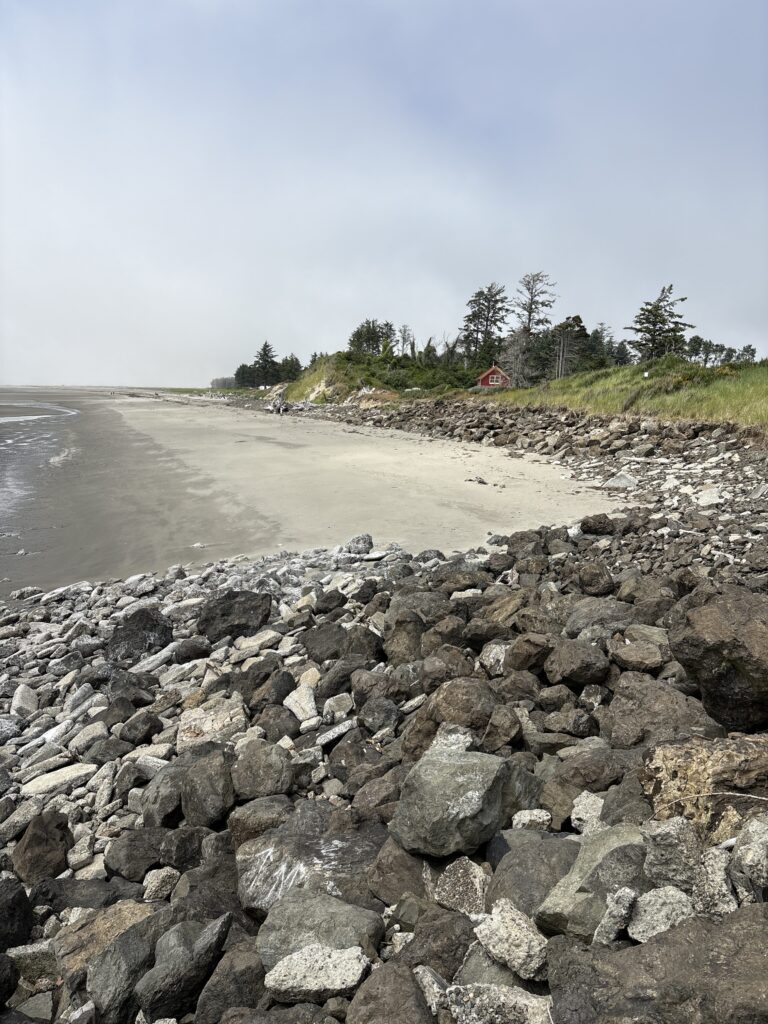 a rocky beach with a house in the background (MyCoast AI)