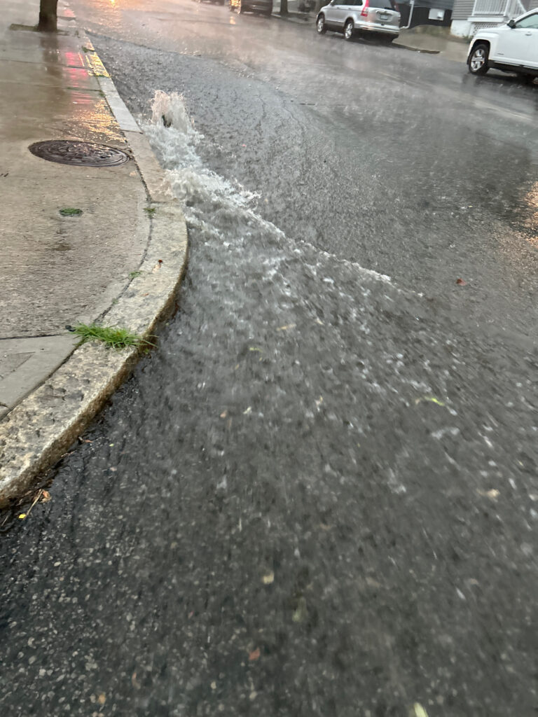 a wet street with cars parked on the side (MyCoast AI)