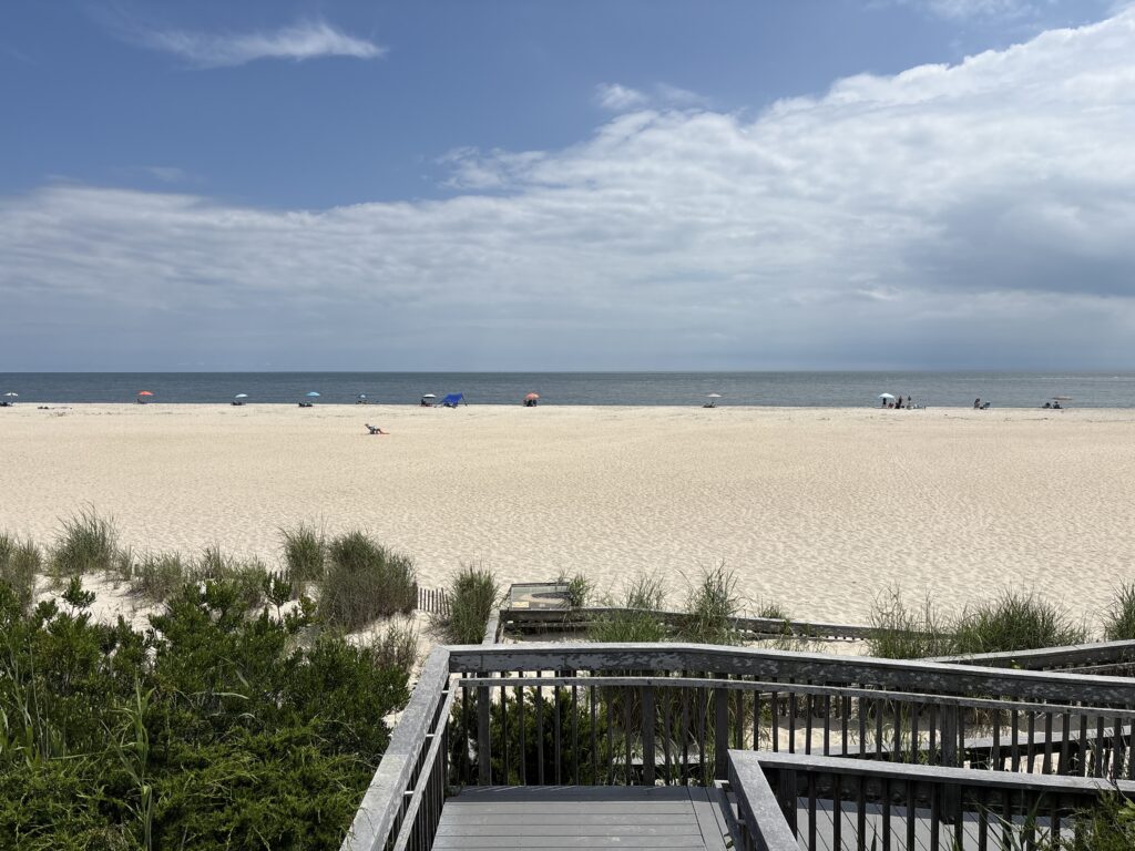 a beach with a deck and a body of water in the background (MyCoast AI)