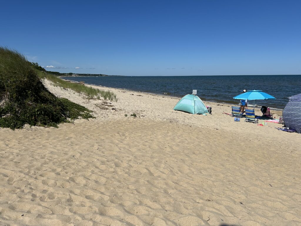 a couple of people sit under umbrellas on a beach (MyCoast AI)