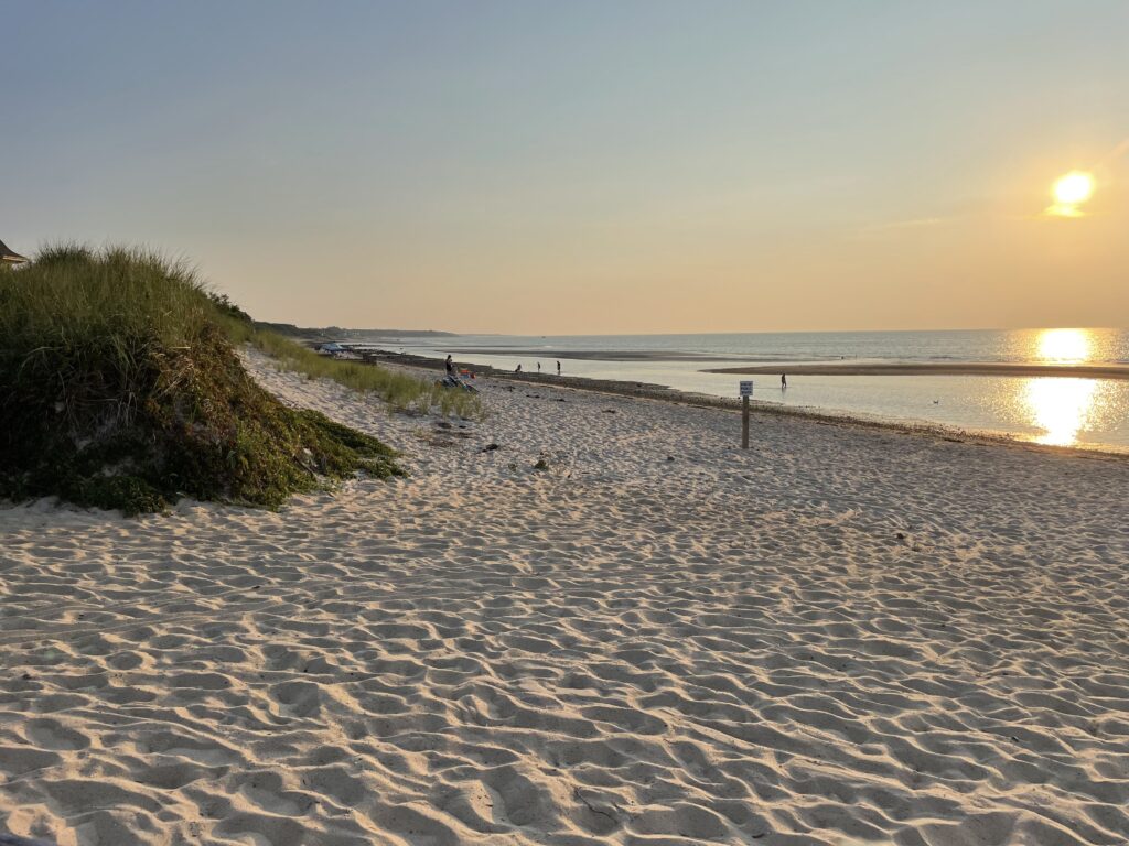a sandy beach with a body of water and a hill with a sunset (MyCoast AI)
