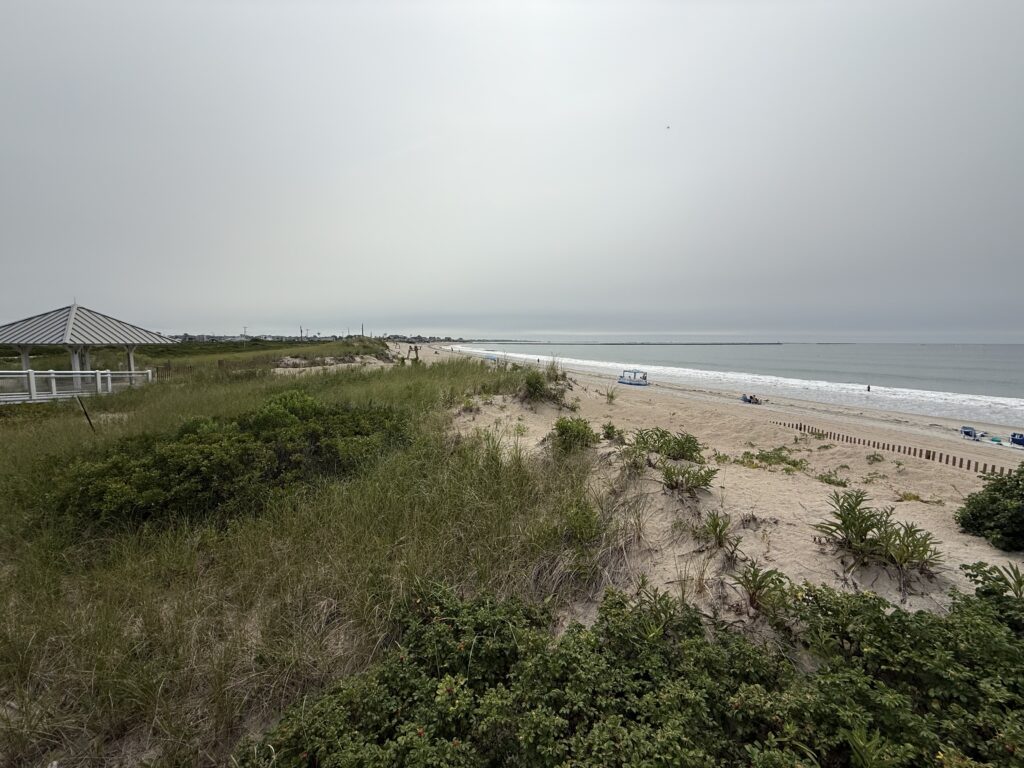 a beach with a building and trees (MyCoast AI)