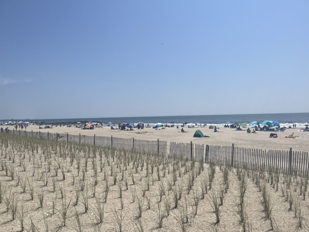a beach with a fence and umbrella (MyCoast AI)