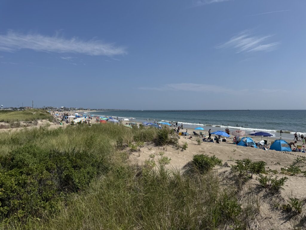 a beach with many people and tents (MyCoast AI)