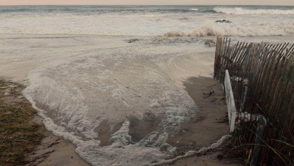 a sandy beach with a wooden fence (MyCoast AI)