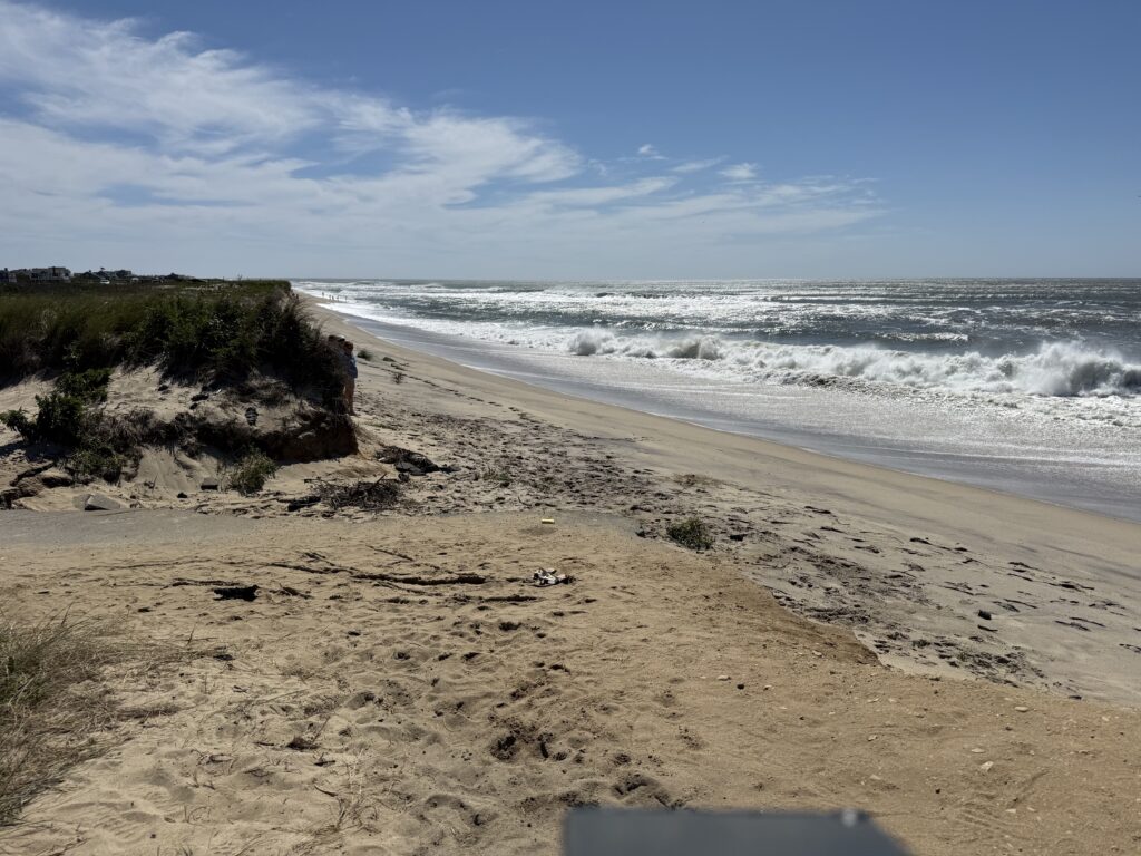 a sandy beach with waves crashing (MyCoast AI)