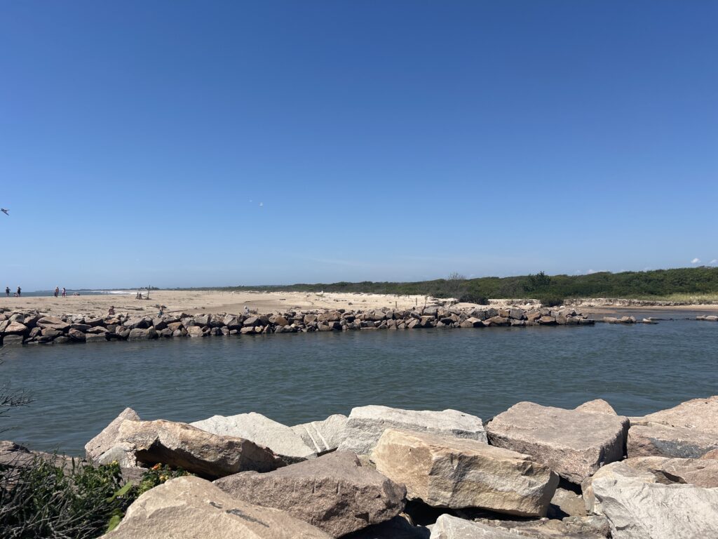 a body of water with rocks and a beach in the background (MyCoast AI)
