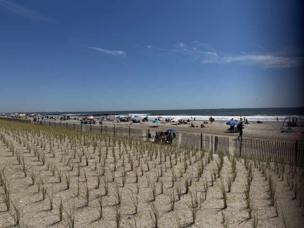 a large field with a fence and a beach with people (MyCoast AI)