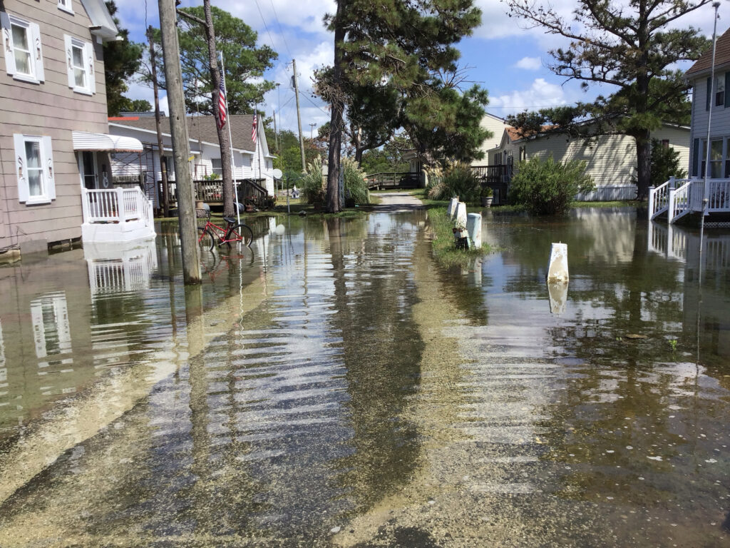 a flooded street with boats and houses (MyCoast AI)