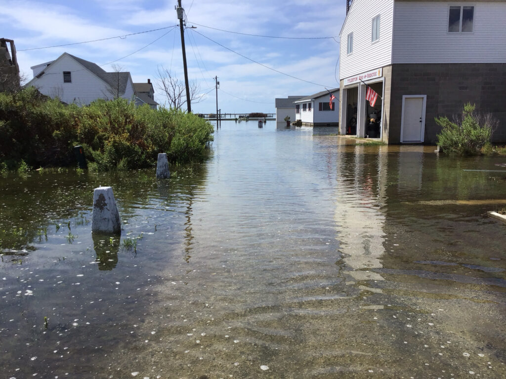 a flooded street with buildings and a bridge (MyCoast AI)