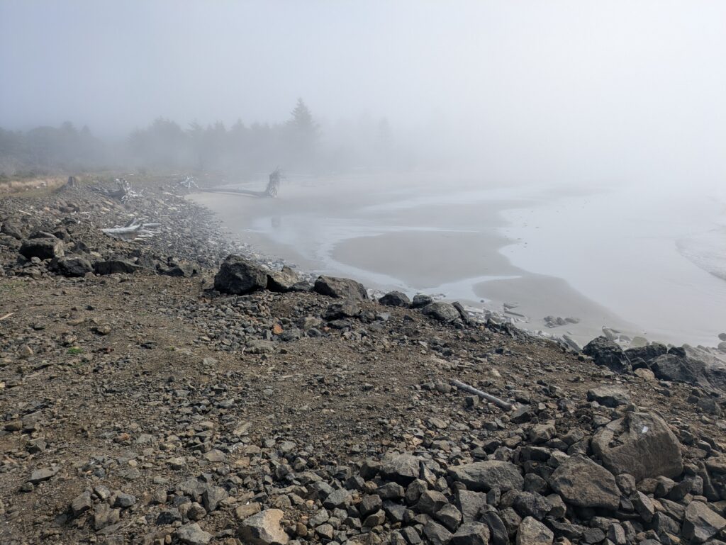 a rocky beach with fog (MyCoast AI)