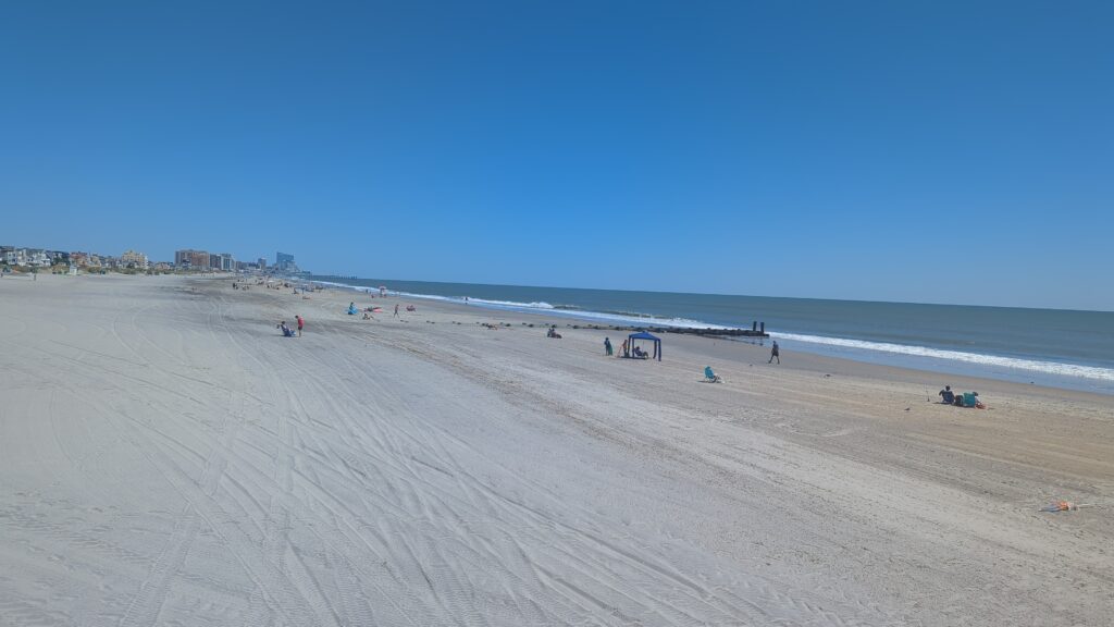 a beach with people and a body of water in the background (MyCoast AI)
