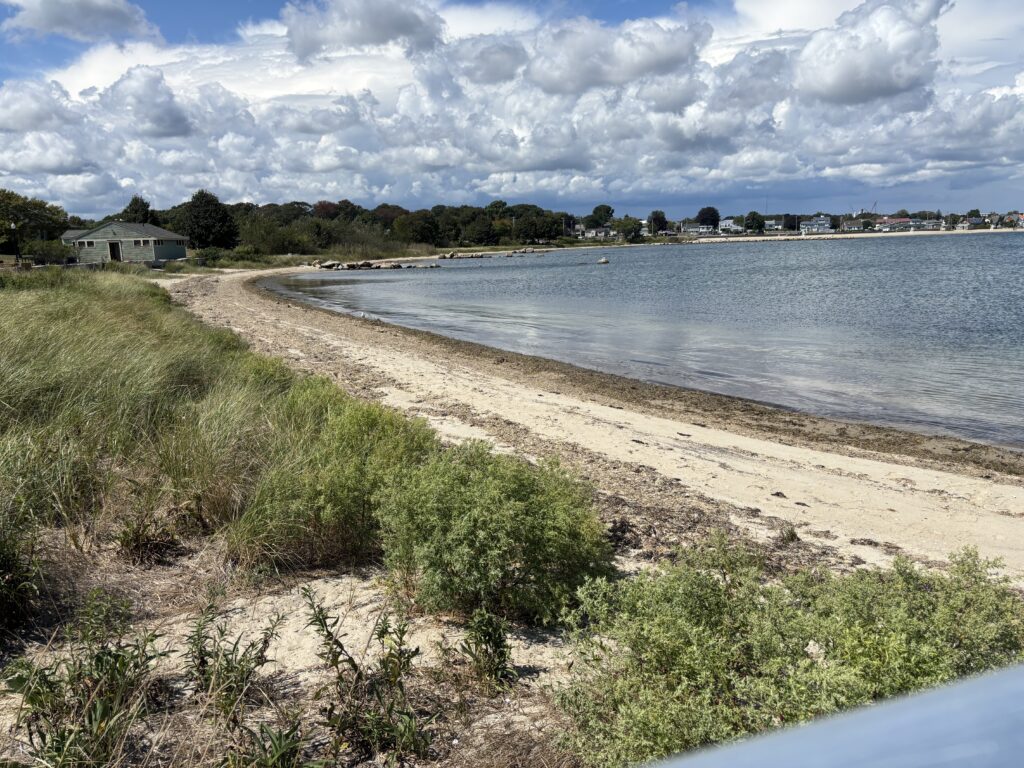 a beach with a body of water and a house in the background (MyCoast AI)