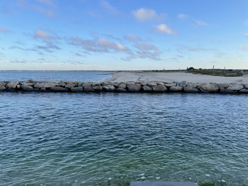 a body of water with rocks and a beach in the background (MyCoast AI)