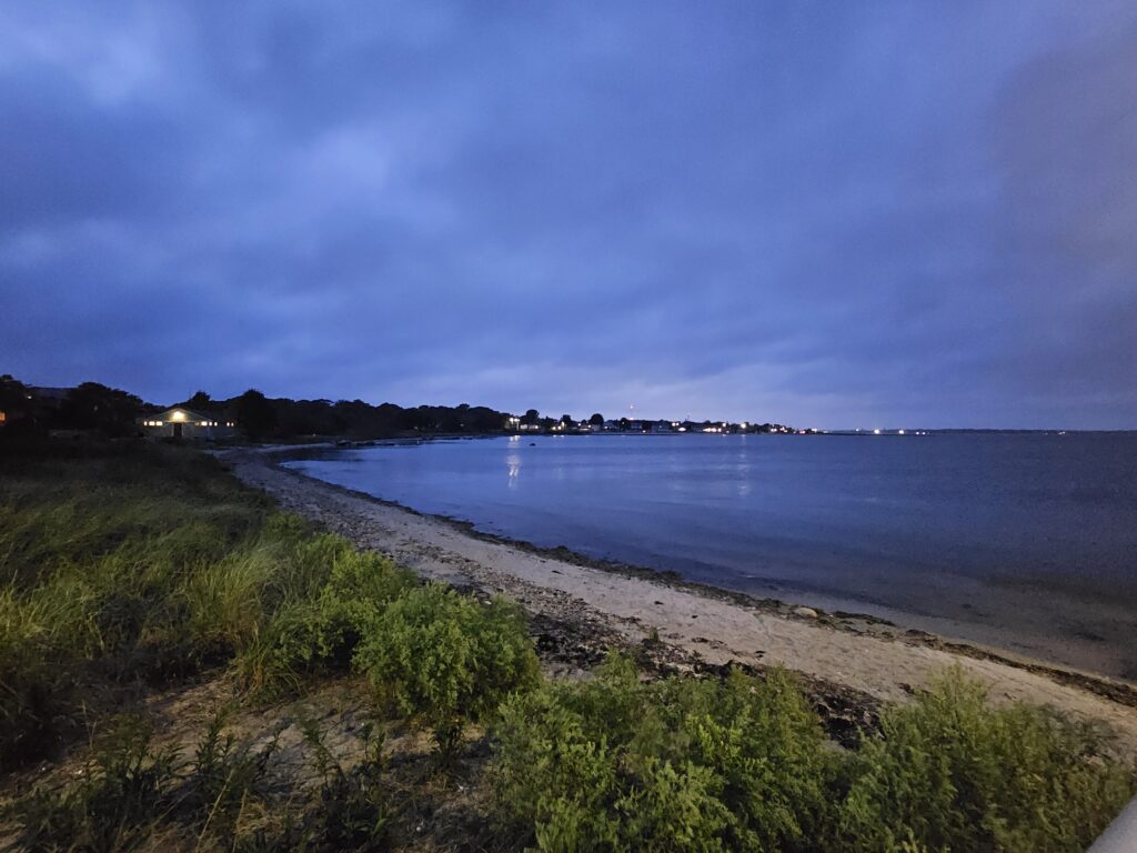 a beach with a body of water and a city in the distance (MyCoast AI)