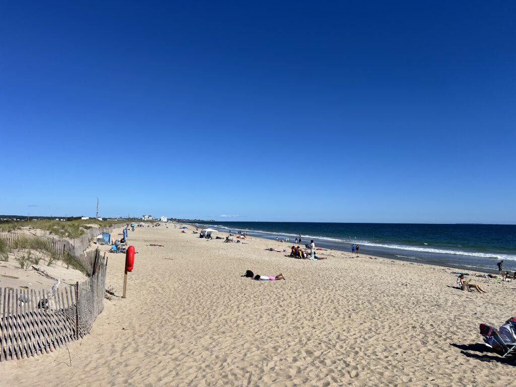 a beach with people and a fence (MyCoast AI)