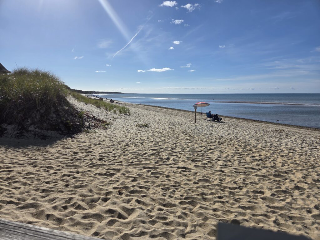 a sandy beach with a red umbrella (MyCoast AI)