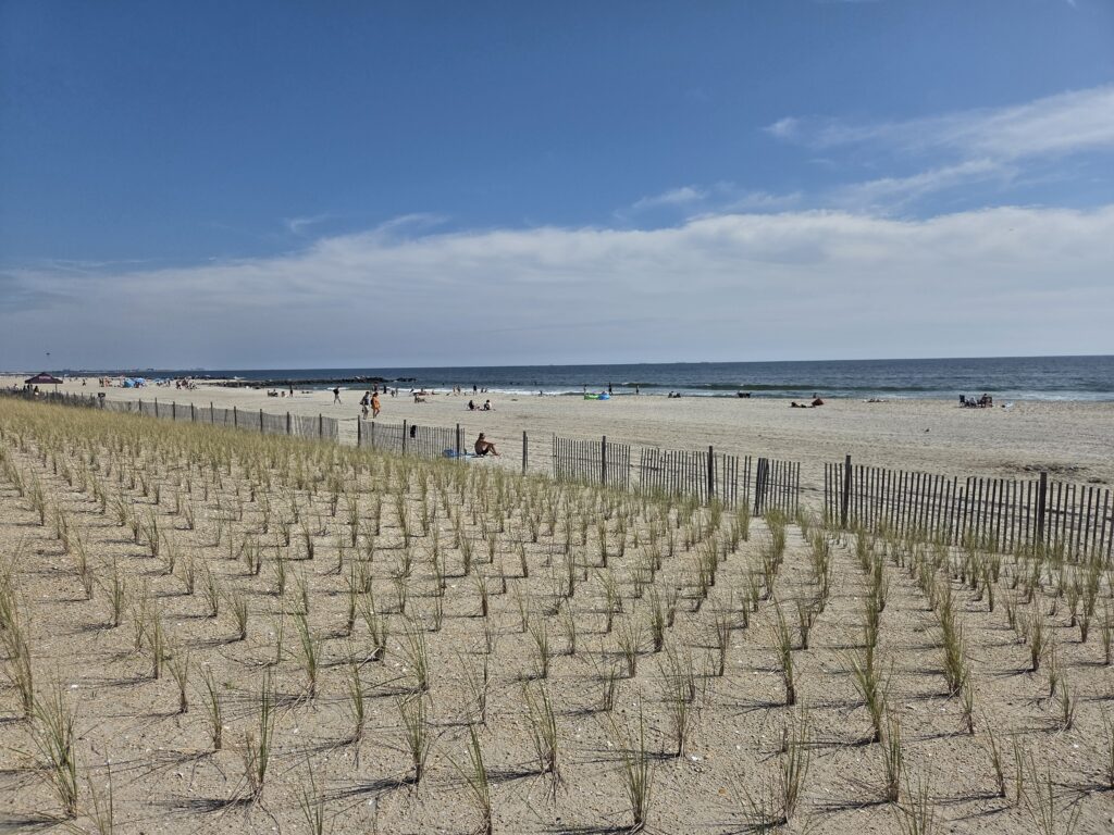 a beach with a fence and people (MyCoast AI)