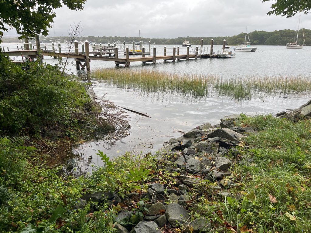 a body of water with boats in it and a dock in the background (MyCoast AI)