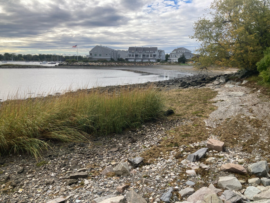a rocky beach with a building in the background (MyCoast AI)