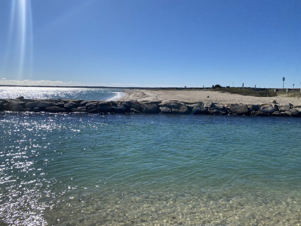 a body of water with rocks and a beach in the background (MyCoast AI)