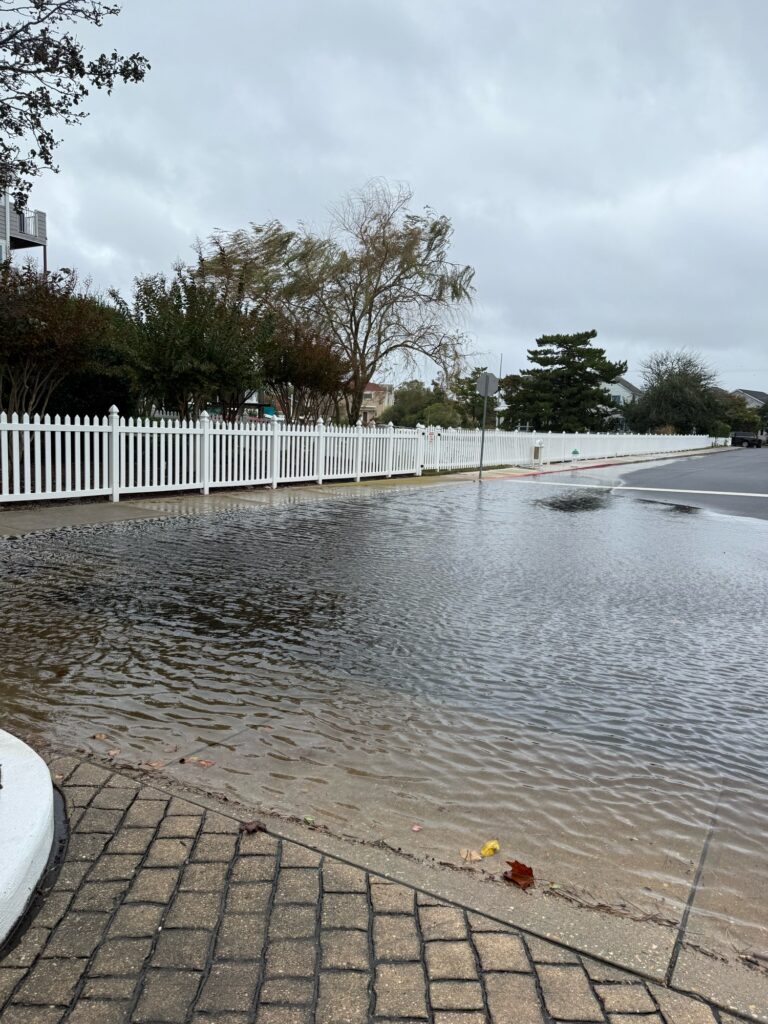 a flooded street with a white fence (MyCoast AI)