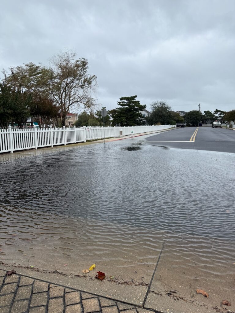 a flooded street with a white fence (MyCoast AI)