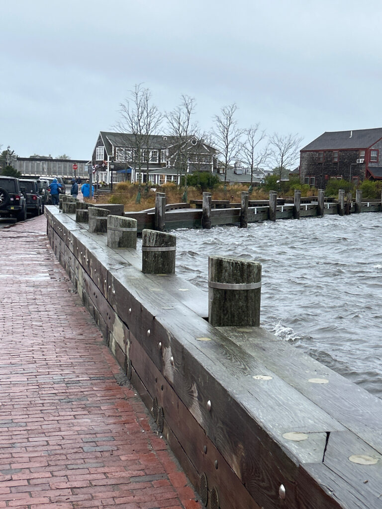 a brick walkway next to a body of water with buildings in the background (MyCoast AI)