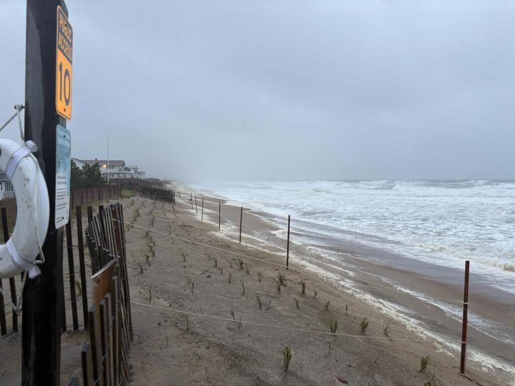 a beach with a fence and a body of water (MyCoast AI)