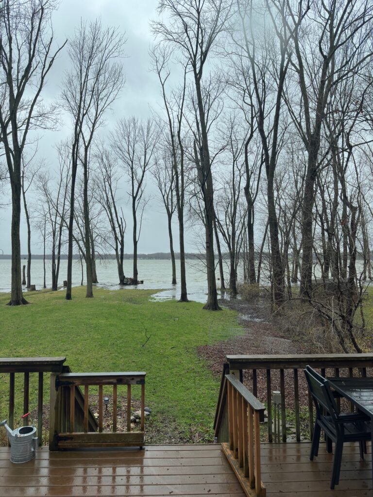 a deck with a table and chairs by a body of water (MyCoast AI)
