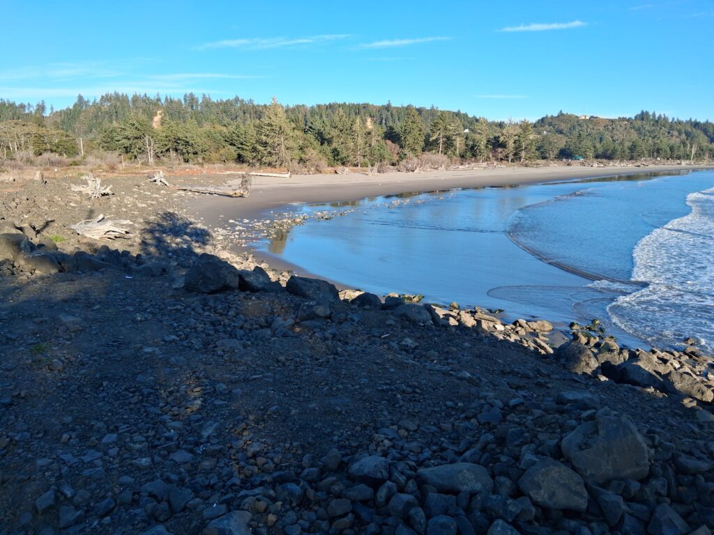 a rocky beach with a body of water and trees in the background (MyCoast AI)