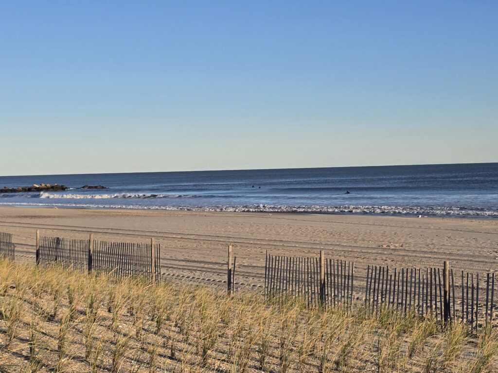 a beach with a fence and a body of water in the background (MyCoast AI)
