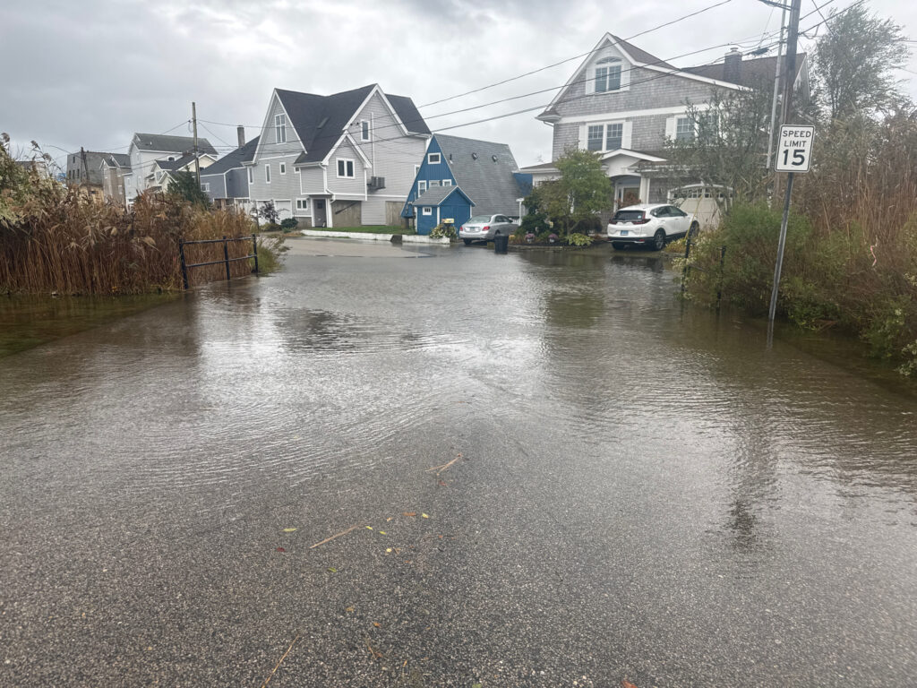a flooded street with houses on either side of it (MyCoast AI)