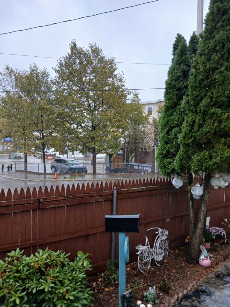 a fence with a bike rack and trees and a building in the background (MyCoast AI)