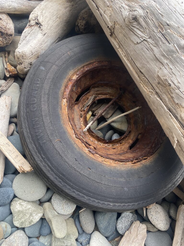 a tire on a pile of rocks (MyCoast AI)