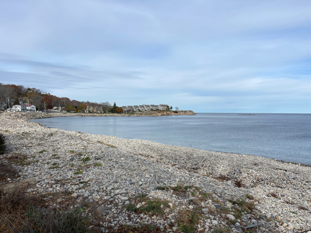a rocky beach with a small island in the distance (MyCoast AI)