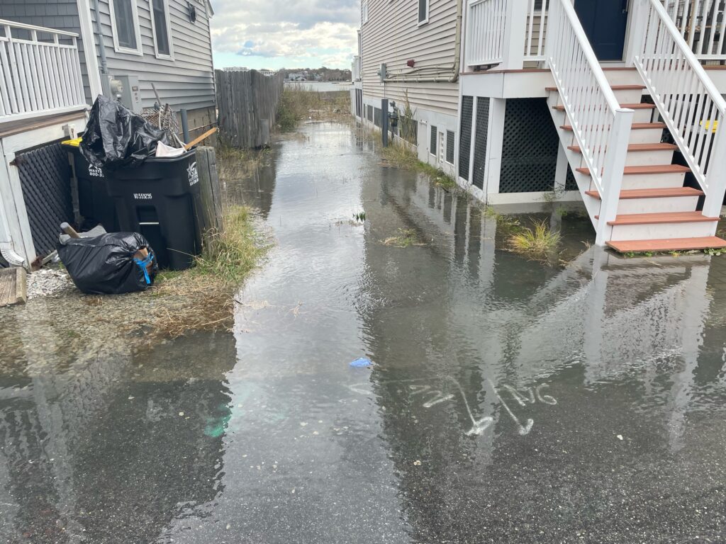 a flooded street with houses and a fence (MyCoast AI)