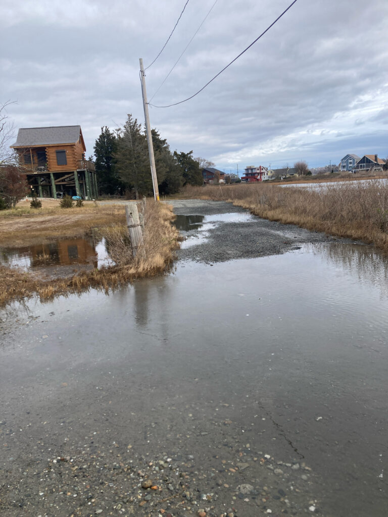 a flooded road with a house and trees on the side (MyCoast AI)