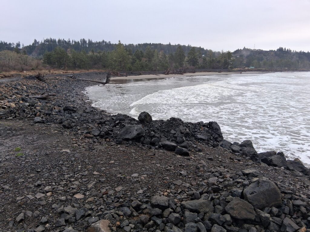 a rocky beach with trees in the background (MyCoast AI)