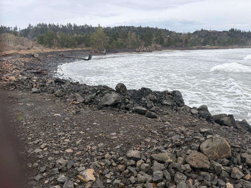 a rocky beach with waves crashing (MyCoast AI)