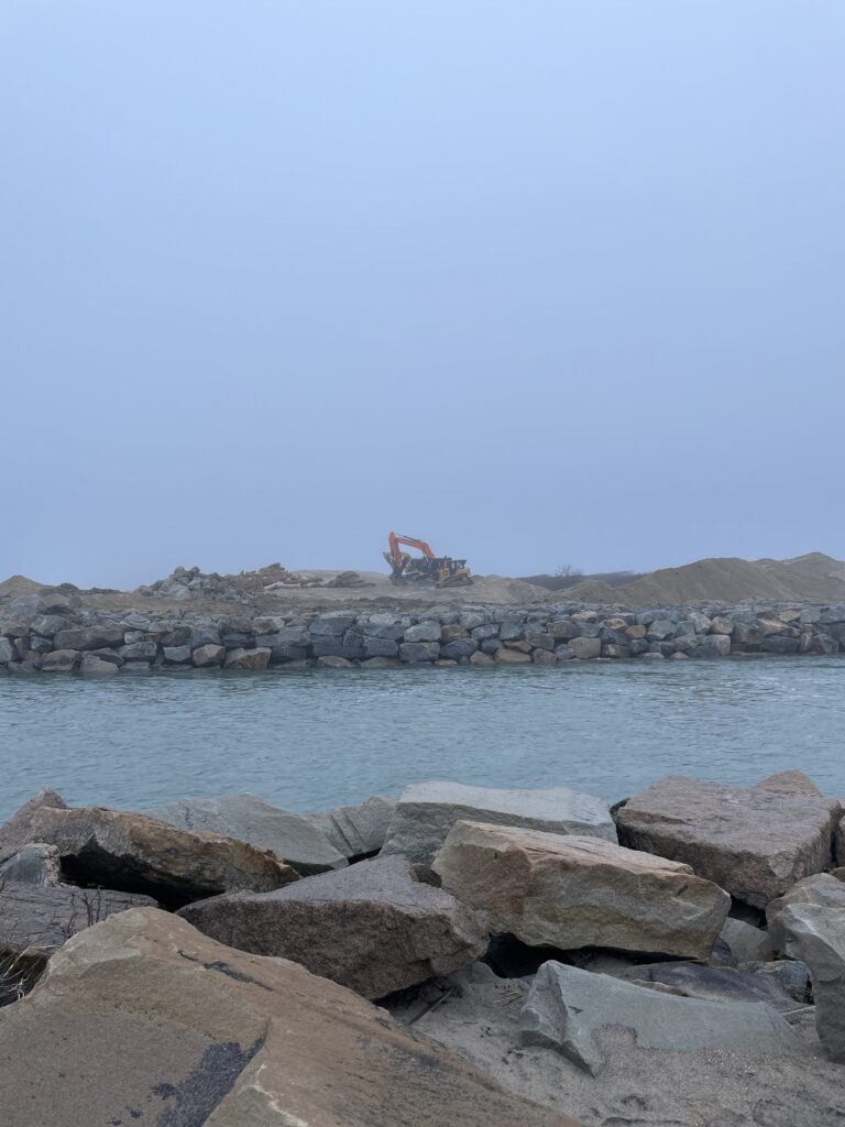 a rocky beach with a boat in the distance (MyCoast AI)