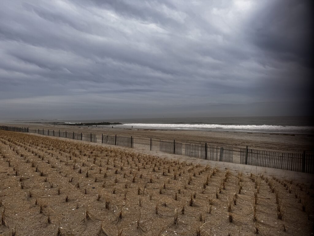 a beach with a fence and a cloudy sky (MyCoast AI)