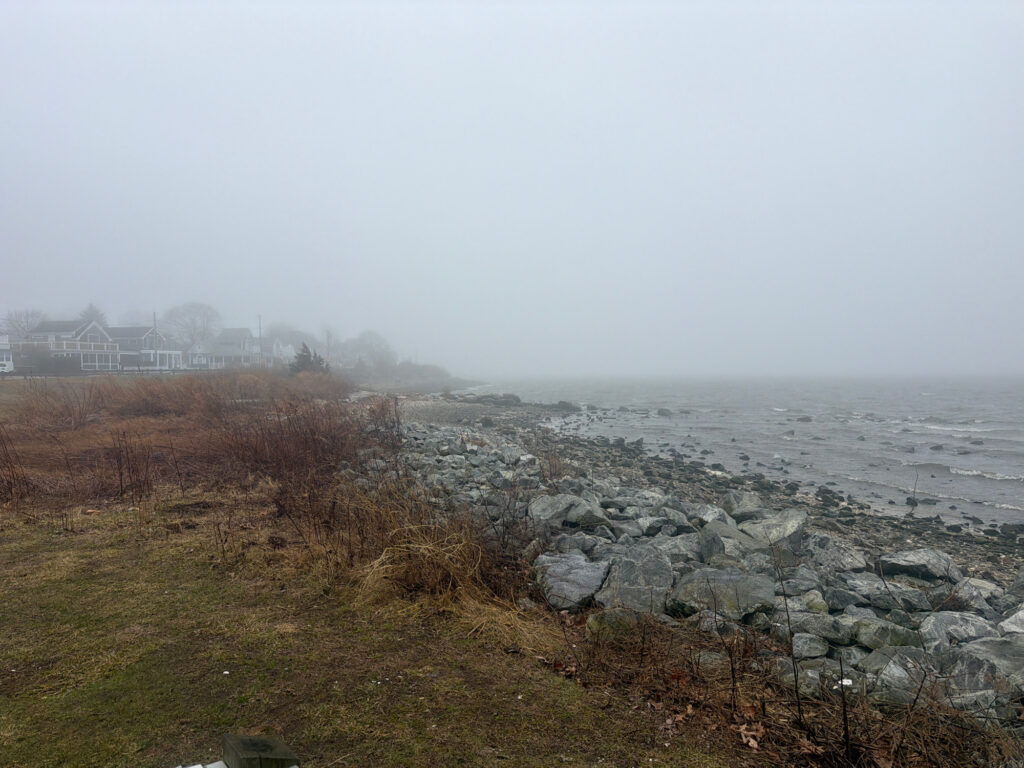a rocky beach with a building in the distance (MyCoast AI)