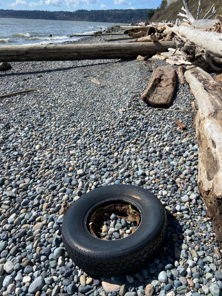 a tire on a rocky beach (MyCoast AI)